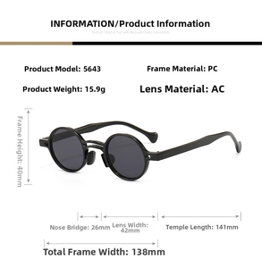 Detailed size chart for retro double-bridge round sunglasses with frame measurements