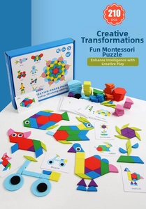 Detailed set of 210 color wooden geometric shapes and puzzle pattern cards for kids