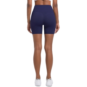 Rear view of navy blue high-waisted yoga shorts with quick-dry stretch fabric