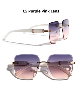 Detail view of rimless square sunglasses featuring purple gradient lenses and gold hinges