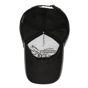 Internal view of the vintage washed black cotton baseball cap showing 100% cotton label