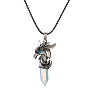 Collana con testa di drago d'argento e ciondolo esagonale in opale con cordino nero