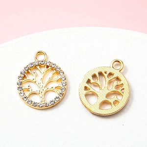 Golden alloy tree of life pendants with sparkling rhinestones for jewelry making