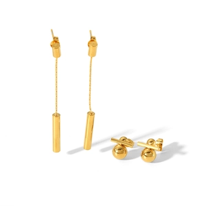 Gold plated stainless steel geometric jewelry set with tassel earrings and ball studs