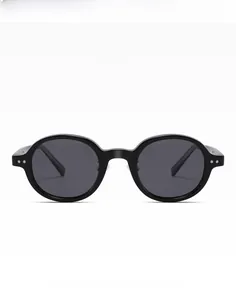 Close-up of classic round frame sunglasses with double metal rivets and dark lenses