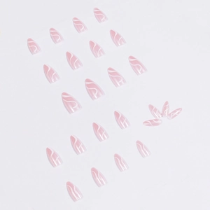 Almond shaped soft pink press-on nails with white wave patterns in a 24-piece set layout