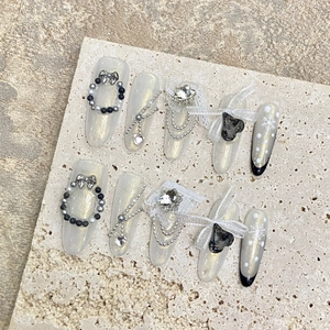 Handmade Press On Nails With 3D Bow And Lace Rhinestone Heart Long Almond Removable Luxury Artificial False Nails For Women