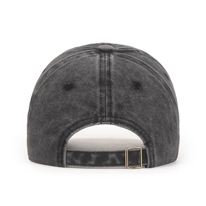 Rear view of washed charcoal cotton baseball cap with adjustable bronze metal buckle