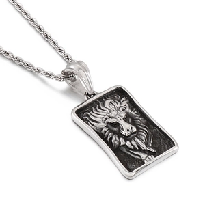 Pendentif tête de lion vintage en acier inoxydable avec chaîne torsadée argentée pour homme
