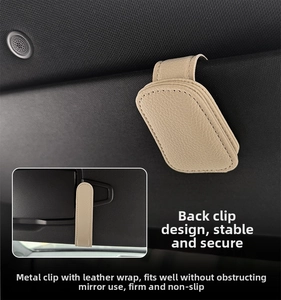 Beige leather car visor sunglasses holder clip with functional ticket card storage