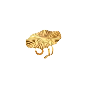 Exaggerated golden fan-shaped leaf ring in stainless steel with adjustable open band