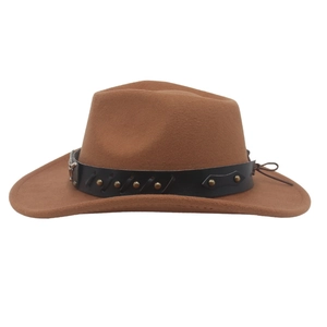 Detailed side view of classic brown felt cowboy hat with studded leather band decoration