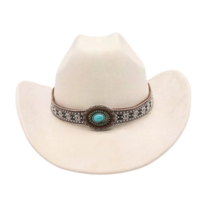 Classic cream western cowboy hat with ethnic patterned band and turquoise metal buckle
