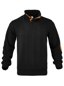 Detail of black cable knit sweater featuring contrast tan elbow patches and buttoned neckline