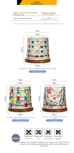 Detailed specs of 270ml rotating whiskey glasses with three textures and wooden bases