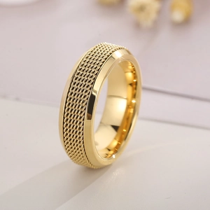Bague rotative en acier titane doré avec texture de maille tissée et bords polis unisexe