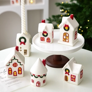 Christmas Ceramic House Miniature Desktop Ornament Candle Holder LED Glowing Holiday Decor White Nordic Style