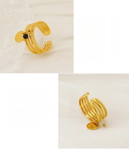 Detail of 18K gold plated stainless steel multi-layer open ring with black bead charm