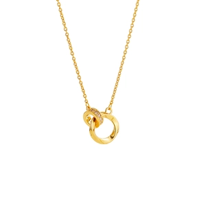 Detail of 18K gold double Mobius ring necklace with shimmering zircon stones