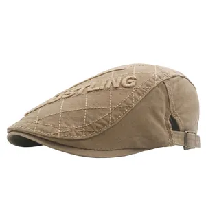 Men British Style Cotton Newsboy Cap Adjustable Flat Hat With Letter Embroidery Quilted Diamond Pattern Beret