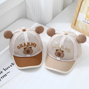 Breathable mesh baby sun hats for ages 2-5 with cute 3D ears and cartoon bear embroidery