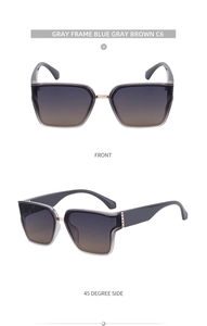 Front and side view of square fashion sunglasses with grey frame and gradient lenses