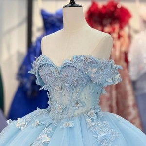 Sky blue off-shoulder prom dress with 3D butterfly appliques and sparkling tulle