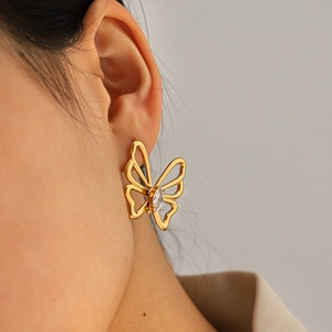 Elegant 18k gold plated stainless steel butterfly earring with marquise crystal on ear