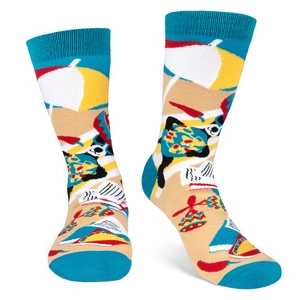 Artistic summer beach crew socks featuring parasol patterns and blue ribbed cuffs