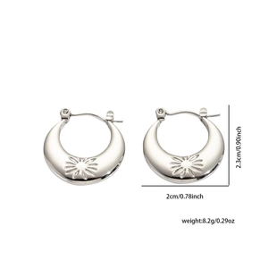 Detailed view of silver hoop earrings with radial sunburst pattern and dimensions