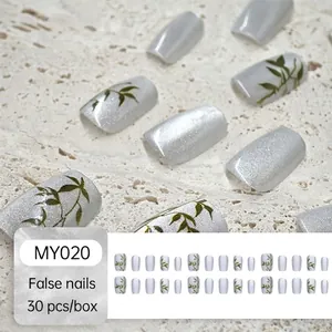 Silver cat-eye press-on nails with green bamboo patterns, set of 30 pieces in varied sizes