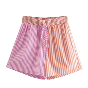 Women's summer shorts with pink and orange vertical stripes and drawstring waist