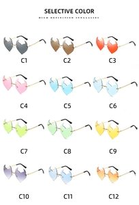 Detailed grid display of 12 vibrant lens color options for heart-shaped rimless sunglasses
