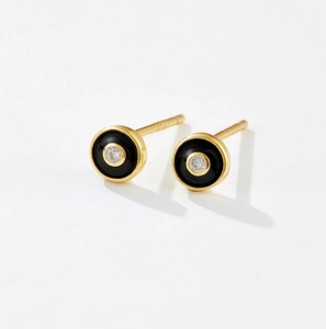 S925 sterling silver round evil eye stud earrings with black enamel and zircon
