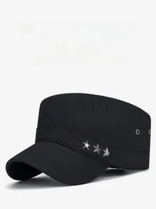 Detail of black cotton cadet cap featuring silver five-star metal rivets and eyelets