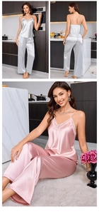 Lace-trimmed satin camisole and pants set in silver grey and dusty pink colors