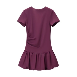 Robe Courte Femme Col Rond Manches Courtes Côté Froncé Ourlet Boule Uni Bourgogne Polyester Mode Élégante