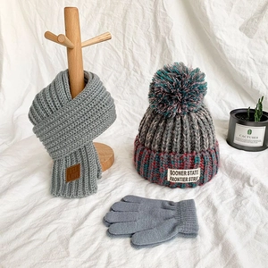 Kids winter 3-piece set with grey knit scarf, pompom beanie and warm gloves for kids