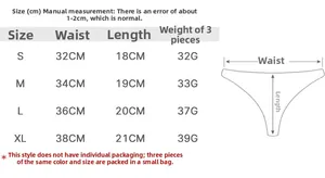 Size chart showing waist and length measurements for cotton thong underwear styles