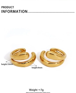 Detail view of gold double hoop ear cuffs with dimensions 10mm and 4mm and 7g weight