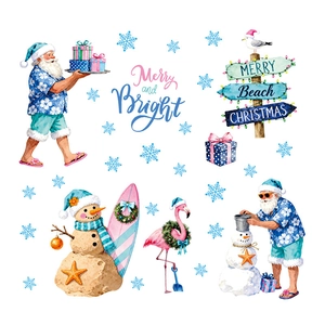 Watercolor summer beach Christmas wall stickers with surfing Santa and sand snowman
