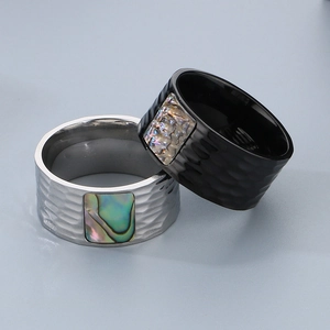 Men's stainless steel ring with hammered texture and colorful abalone shell inlay
