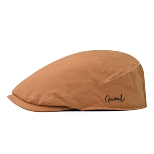 Detail of khaki cotton newsboy cap with black 'Casual' embroidery on the side