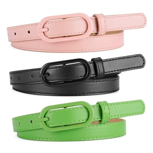 Women Skinny PU Leather Belt With Alloy Oval Pin Buckle Macaron Color Decorative Waistband For Dresses Versatile Fashion