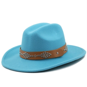 Fashionable light blue wide brim wool jazz fedora with studded brown leather band