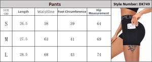 Size chart showing measurements for high-waisted seamless athletic yoga shorts with pockets