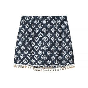 Mini-jupe trapèze bleu marine à motif géométrique avec franges et coquillages