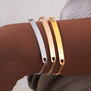 Minimalist stainless steel bar bracelets in silver, gold, and rose gold for personalization