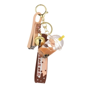 Brown bear milk tea keychain with acrylic liquid sand pendant, nail clipper and bell