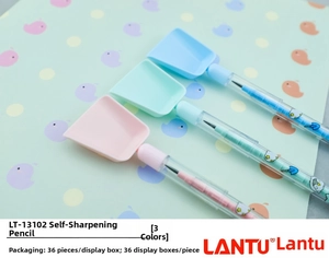 Detail of shovel-shaped tip on colorful cartoon non-sharpening pencils for students